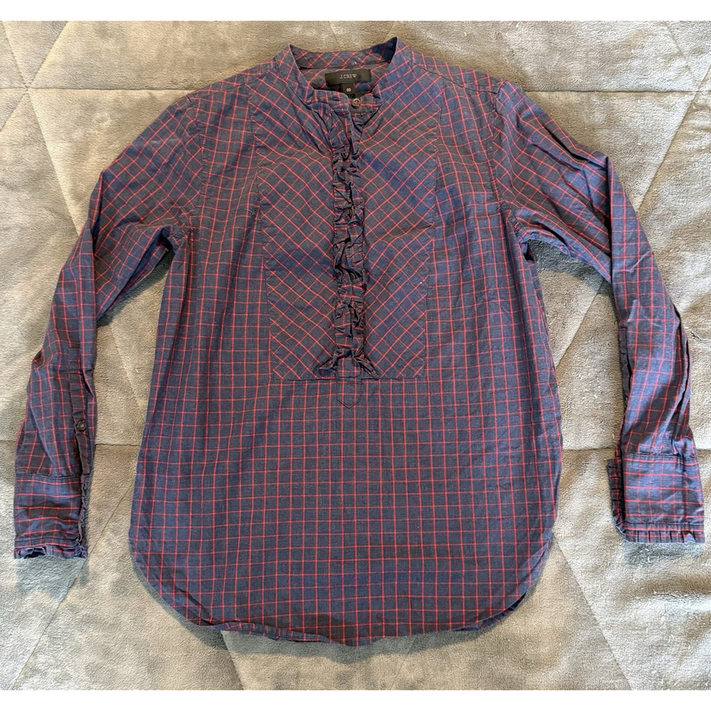 J Crew Ruffle Popover Blouse Top Style F7894 Mini Windowpane 100% Cotton Size 00